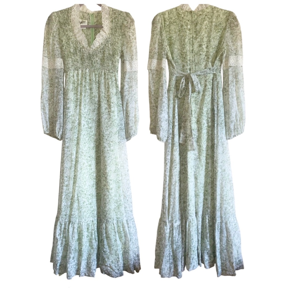 Jack Kramer Vintage 1970s Prairie Cottagecore Maxi Length Floral Lace Trim Dress